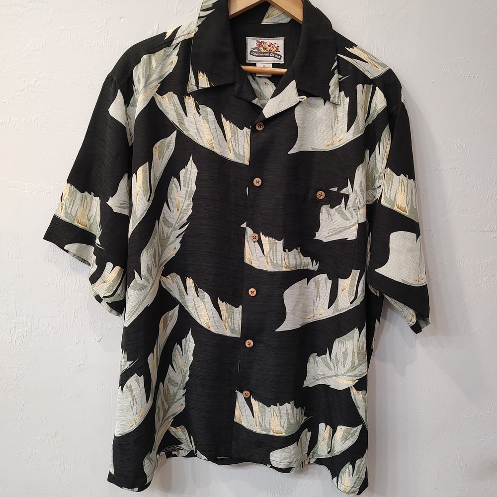 Paradise Coves Black Greens Shirt Men Sz XL Silk Linen Hawaiian Resort Tropical